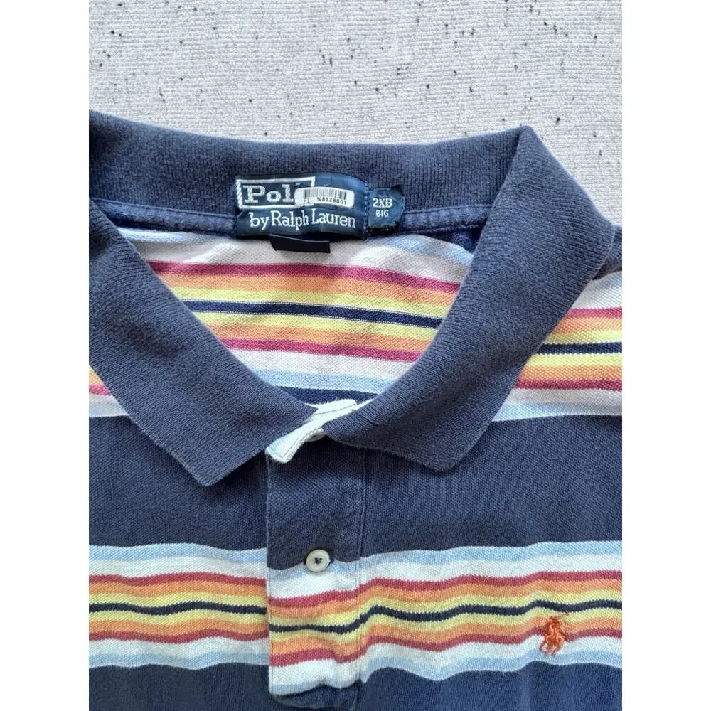 Vtg 90s Polo Ralph Lauren Mens 2XB Big Striped Mesh Polo Shirt Blue Orange